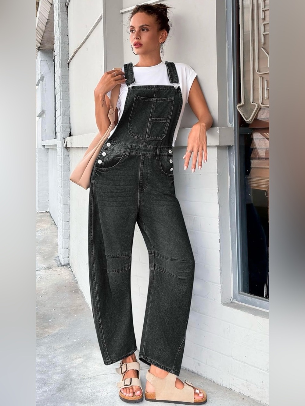 Women Black Denim Bib Overalls Barrel Leg Adjustable Straps Jean-NWT-XL